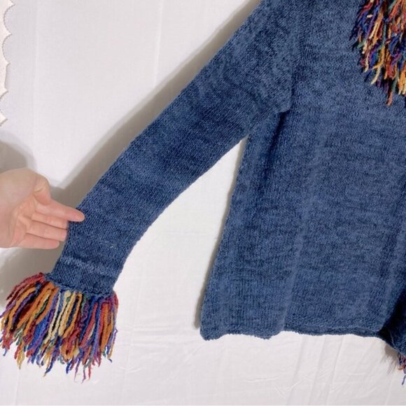 Vintage World Folk Art Imports Blue Wool Knit Sweater With Rainbow Fringe Trim M - Picture 10 of 15